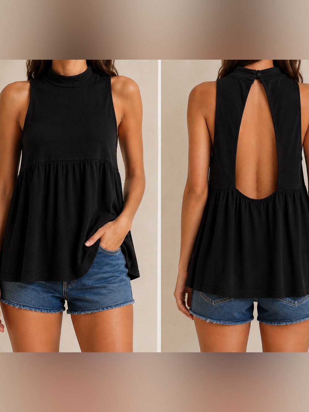Free People Black Open Back Mock Neck Sleeveless Tunic Top NWT 100% Cotton